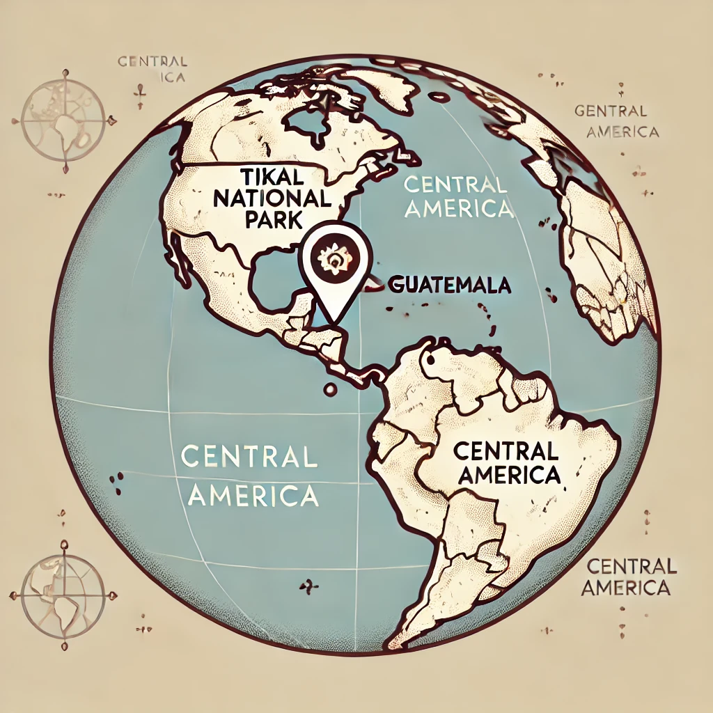 世界地図にティカル国立公園の位置を示すイラスト。グアテマラの位置が強調されている。