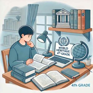 世界遺産検定の勉強を進める大学生のイラスト