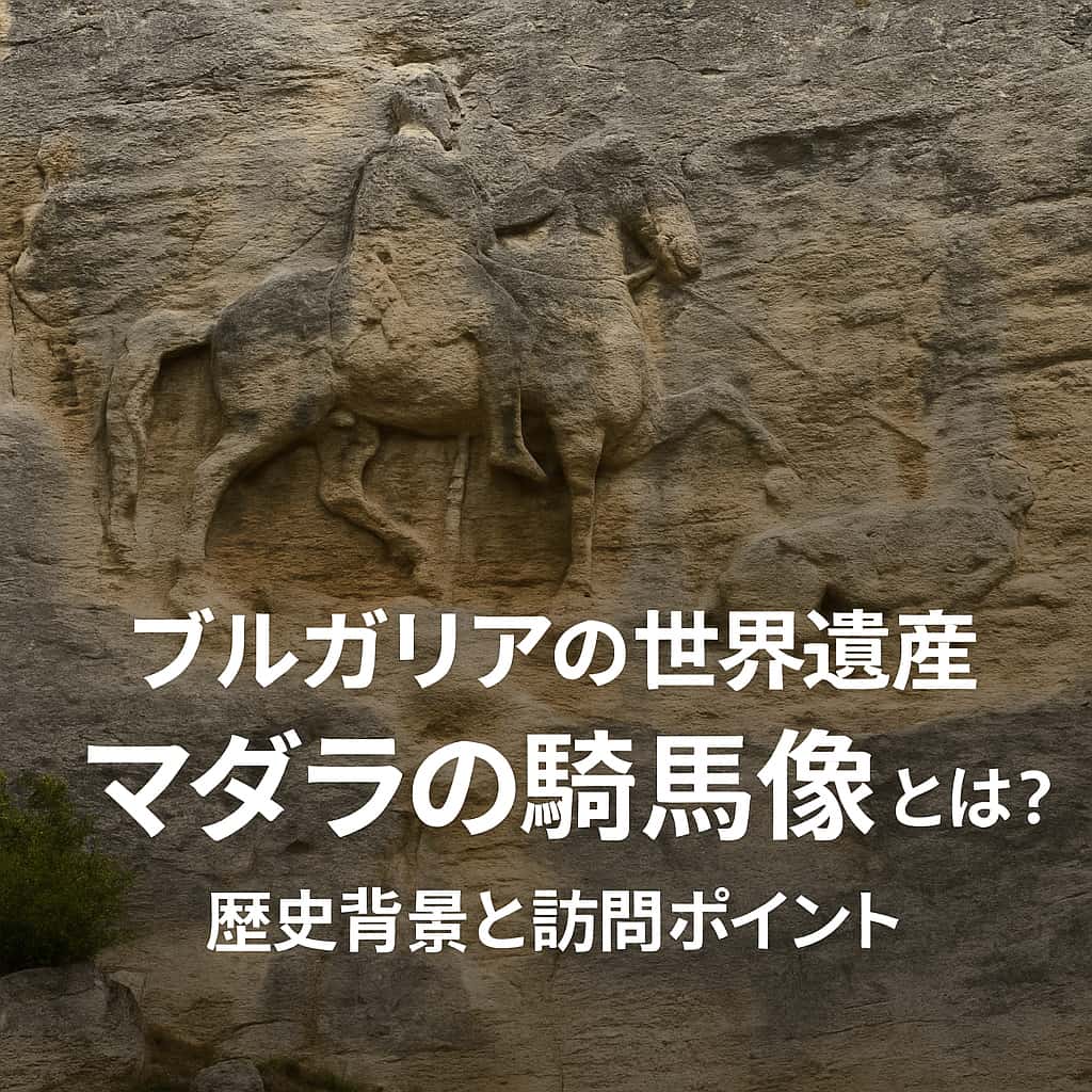 ブルガリアの岩壁に彫られたマダラの騎馬像と、日本語タイトルを重ねたデジタル画像