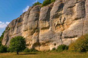 ブルガリアの断崖に刻まれたマダラの騎馬像とその自然環境を広角で捉えた風景