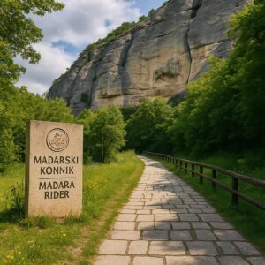 マダラの騎馬像へ続く石畳の遊歩道と案内標識、緑に囲まれた風景