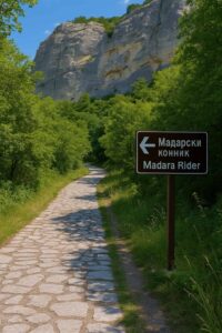 マダラの騎馬像への案内板と石畳の遊歩道、背景に見える断崖の遠景
