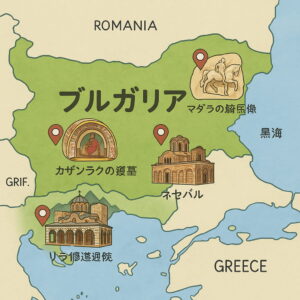ブルガリアの地図に主要世界遺産であるマダラの騎馬像、リラ修道院、カザンラクの墳墓、ネセバルがイラスト付きで描かれている