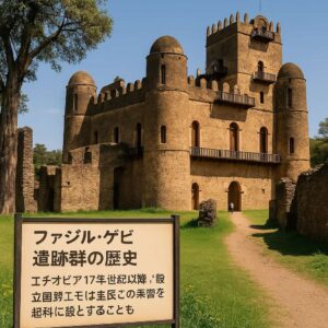 ファジル・ゲビ遺跡群のファシラダス宮殿と日本語解説板、晴天のゴンダール風景