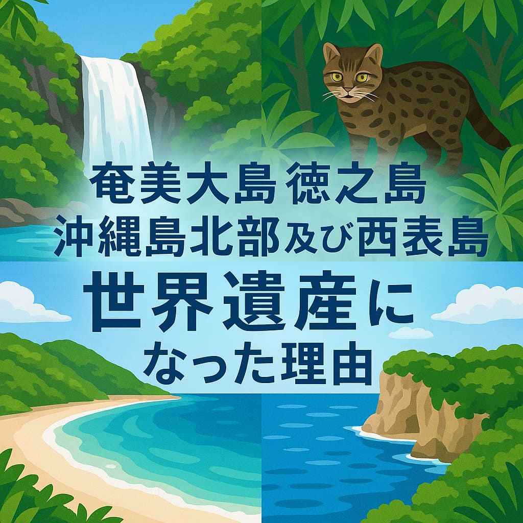 奄美大島・徳之島・沖縄島北部・西表島の自然遺産を象徴する滝、固有種のイリオモテヤマネコ、ビーチ、断崖を4分割で描いたデジタルイラストと、中央に配置された「世界遺産になった理由」の文字