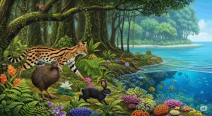 緑豊かな森と青い海に、イリオモテヤマネコやヤンバルクイナなど、その地域固有の動物たちが共存している様子のイラスト