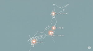 日本地図を模した抽象的な背景に、4つの光る点を配置して自然遺産の場所を示したイラスト