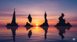 夕日を背景に、海に浮かぶ4つの島のシルエットを描いたイラスト