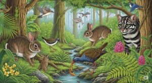 緑豊かな森の中に、アマミノクロウサギやヤンバルクイナなどの希少動物たちが描かれたイラスト