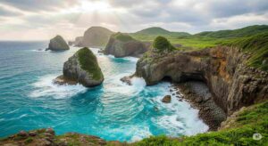 奄美・徳之島特有の、ユニークなカルスト地形と断崖絶壁が広がるドラマチックな海岸線の風景