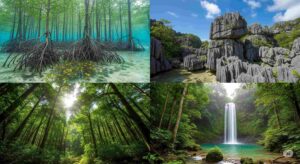 4つの異なる自然風景(マングローブ林、カルスト地形、照葉樹林、ジャングル)を並べたイラスト