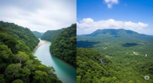 画面を二分割し、左に湿度の高い西表島のジャングルと川、右に晴れた沖縄島北部の山と森を描いたイラスト