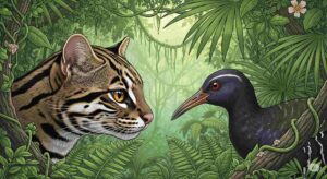 緑豊かなジャングルで、イリオモテヤマネコとヤンバルクイナが見つめ合っている様子の詳細なイラスト
