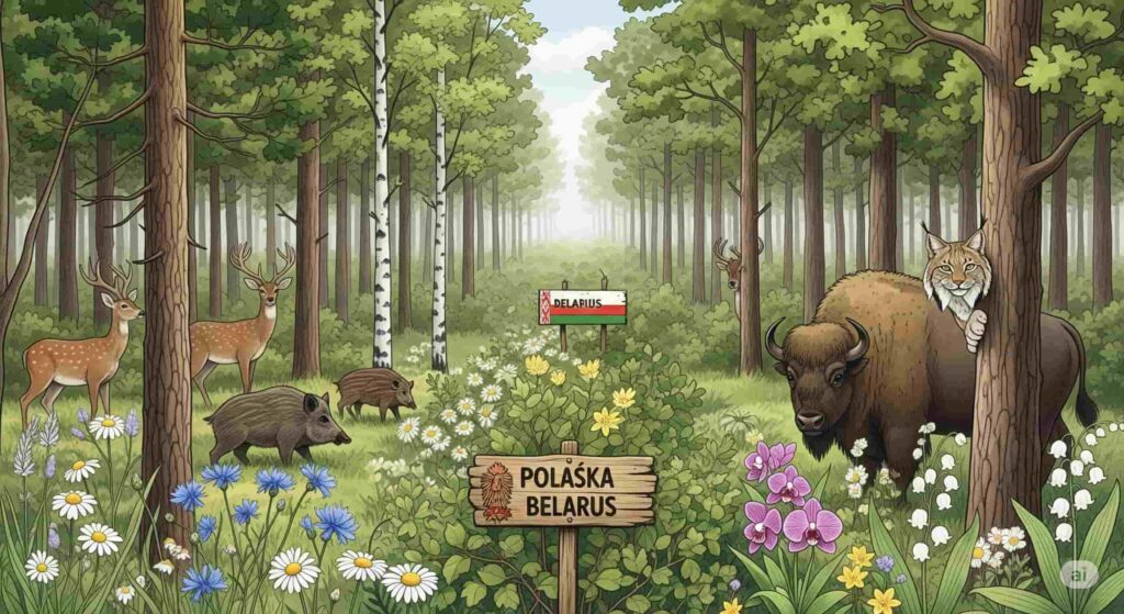 森の中央に国境線が引かれ、両国の動植物が共存するイラスト
