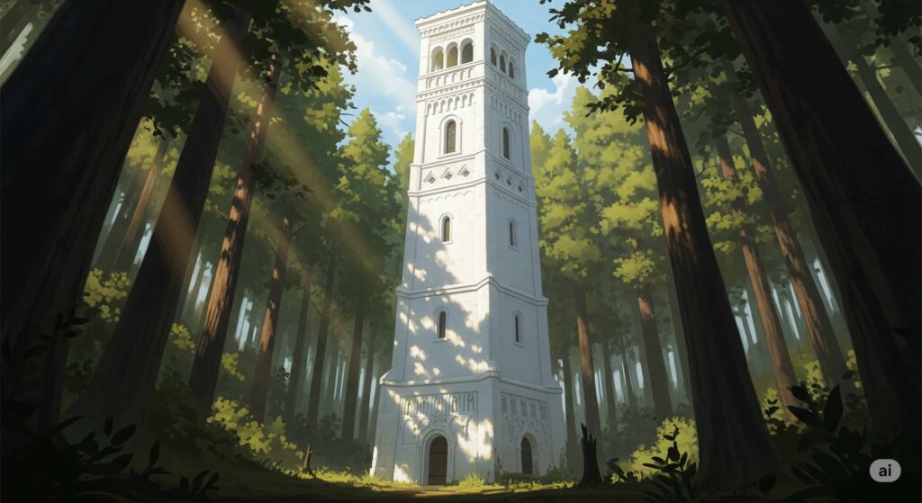 森の中に建つ白い塔のイラスト