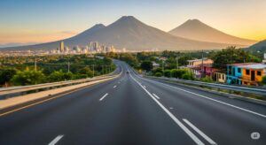 近代的な都市のスカイラインを背に、地平線に火山を望む景色の良い高速道路。