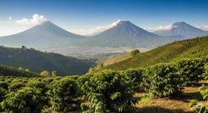 グアテマラのアンティグア渓谷を見下ろす高地のコーヒー農園。火山とコーヒーの木が見える。