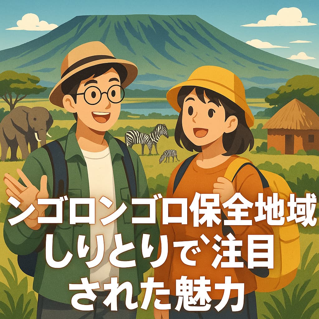ンゴロンゴロ保全地域でサファリを楽しむ観光ブロガーとフォロワーのイラスト