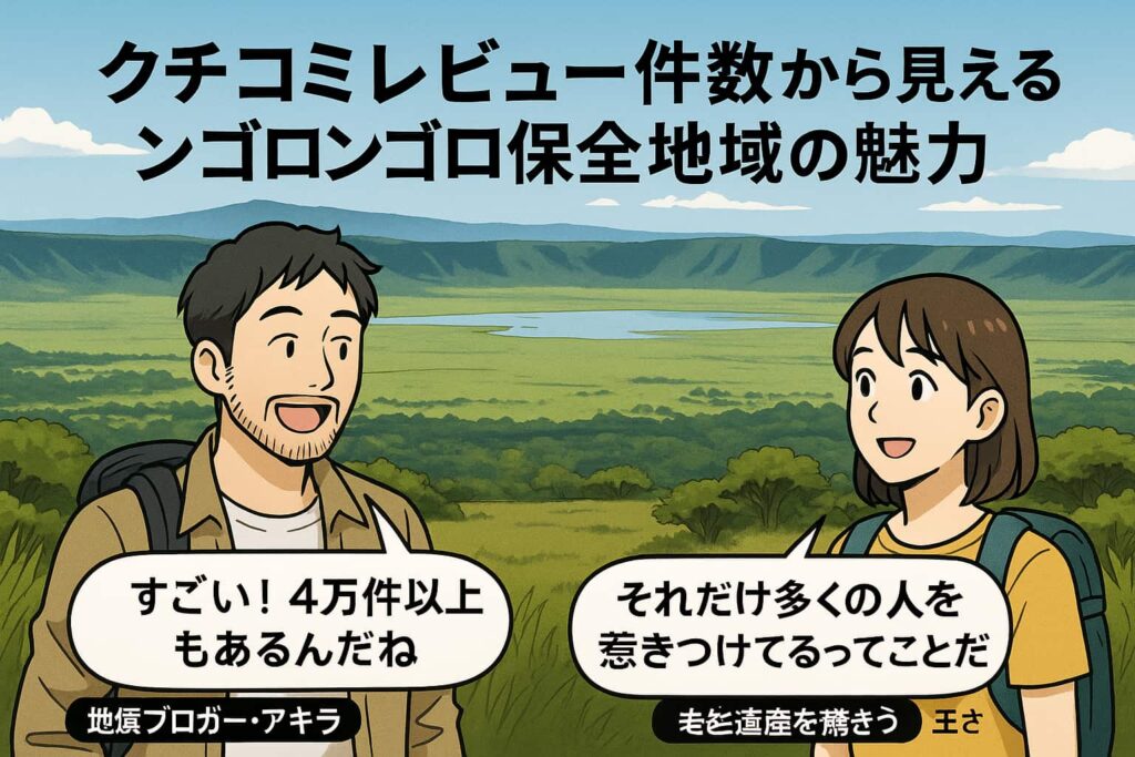 しりとりで話題の「ンゴロンゴロ保全地域」のユニークな名前に驚く日本人観光客のイラスト