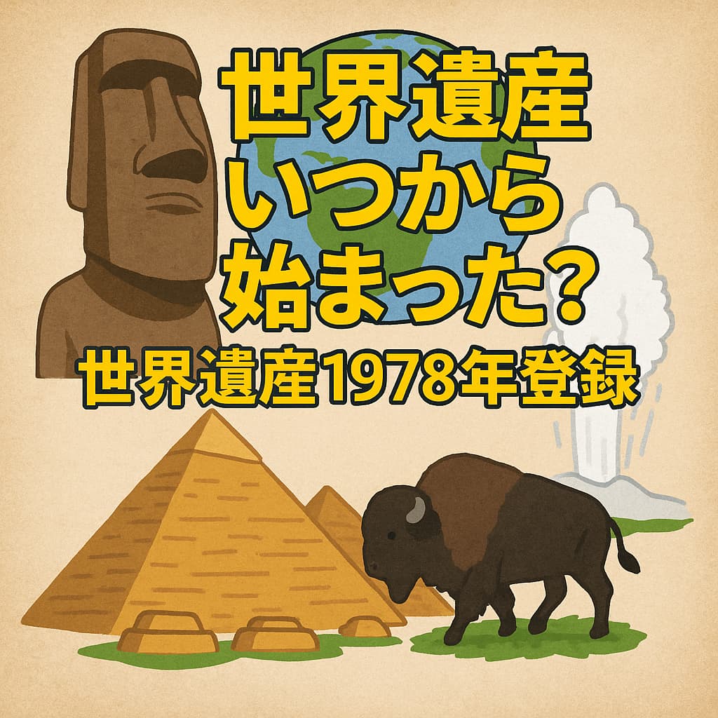 世界遺産のはじまりを伝えるイラスト。モアイ像・ピラミッド・イエローストーン・地球が描かれたデザイン