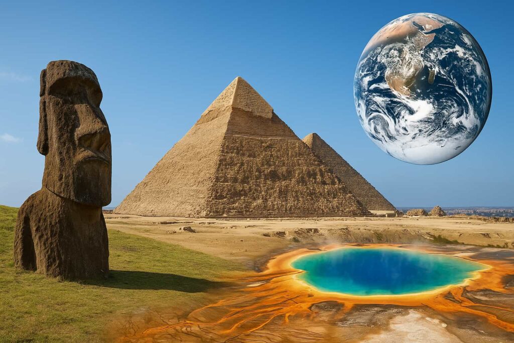 世界遺産の象徴としてモアイ像・ピラミッド・イエローストーン・地球が並ぶイラスト構成