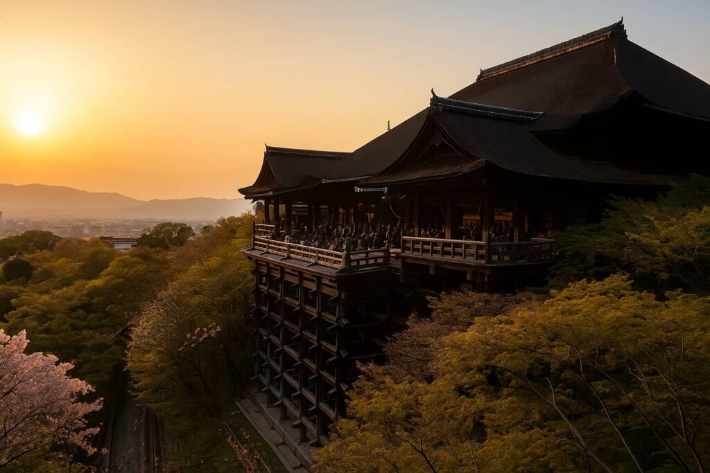 夕日に照らされた清水寺と春の桜に囲まれた京都の街並みの風景写真

