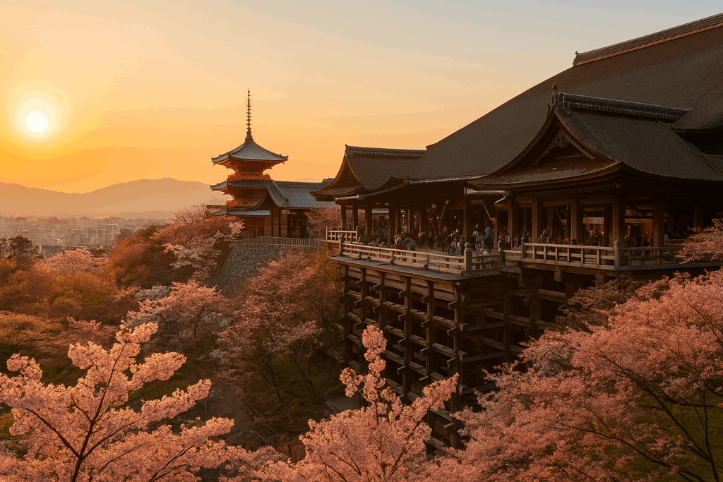 春の夕方、京都・清水寺から見下ろす街並みと満開の桜を写した高解像度写真