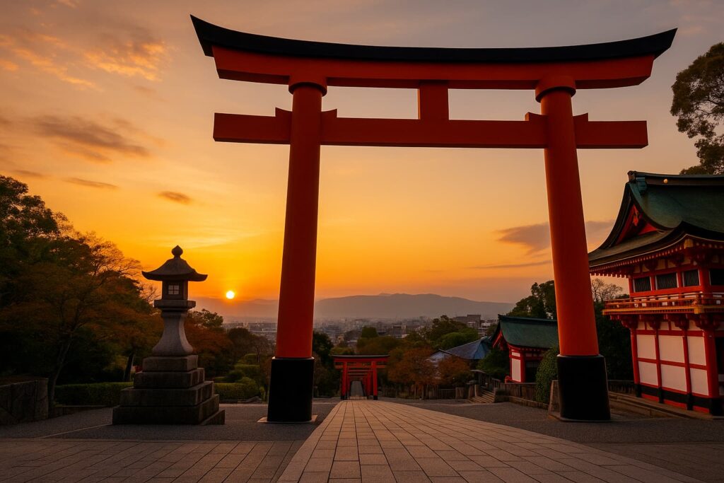 伏見稲荷大社の鳥居越しに見える京都の街並みと夕焼け空の風景写真