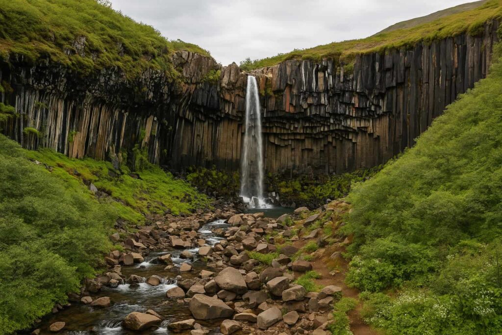 自然遺産を象徴するアイスランド・スヴァルティフォスの滝と柱状節理の断崖