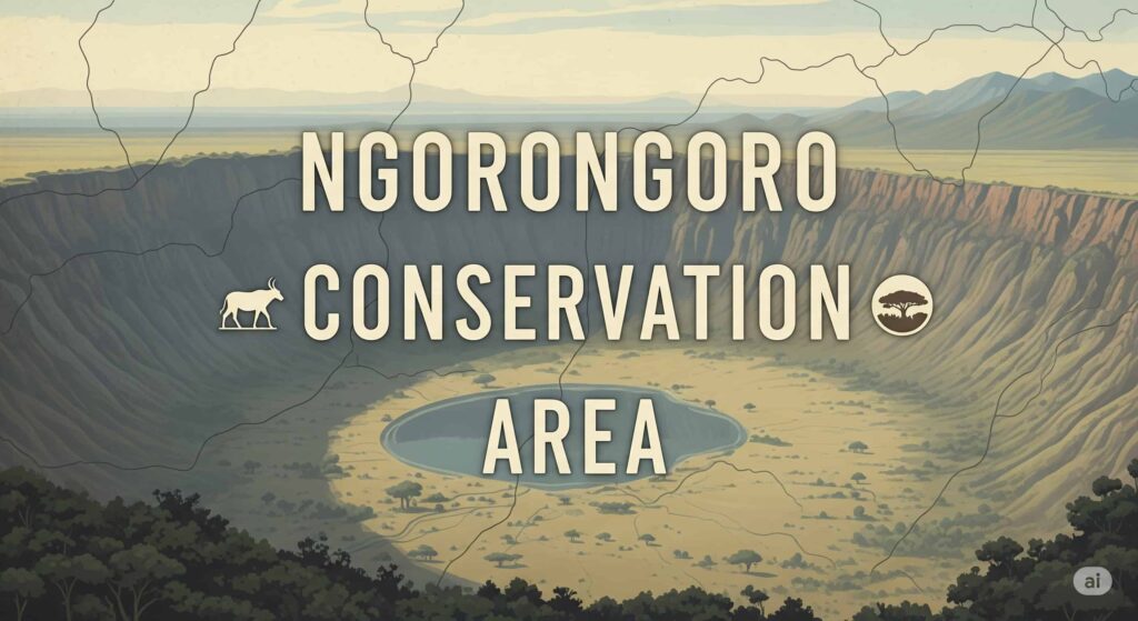 ンゴロンゴロ保全地域のカルデラを背景に、「NGORONGORO CONSERVATION AREA」という英語表記が大きく表示されています。「CONSERVATION」と「AREA」の単語が強調され、その意味が視覚的に示されています。
