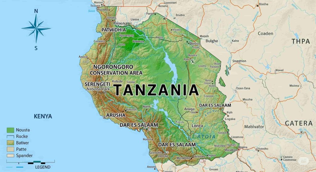 タンザニアの地図が示され、北部に「NGORONGORO CONSERVATION AREA」の文字が強調表示されています。主要都市のアルーシャやセレンゲティ国立公園との位置関係も分かります。