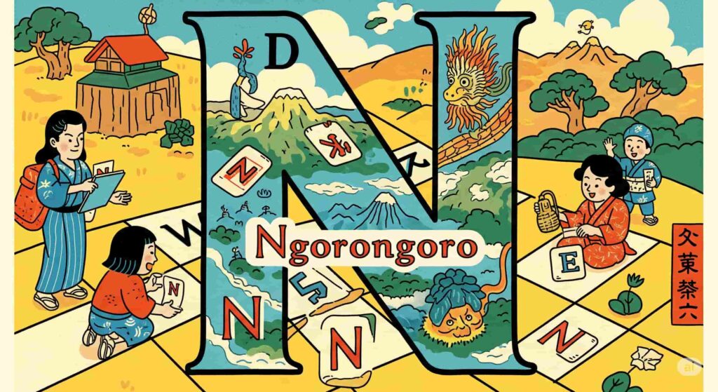 日本のしりとりゲームで「ン」から始まる珍しい地名「ンゴロンゴロ」が話題になる様子を表現した、遊び心のあるイラスト。