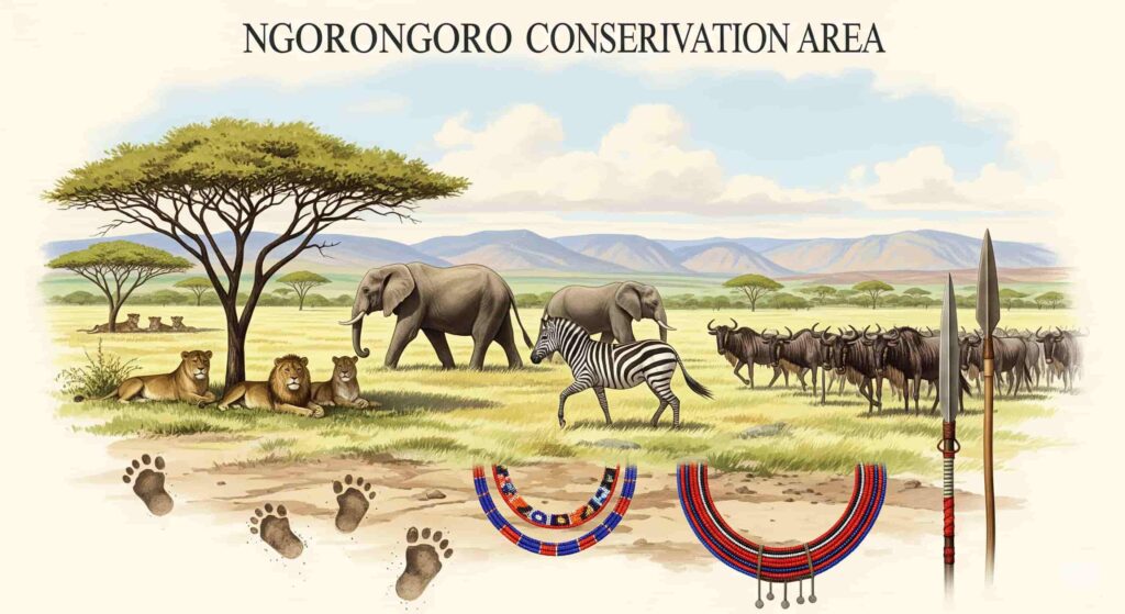 ンゴロンゴロ保全地域が世界複合遺産に登録された理由を示すイラスト。多様な野生動物(ライオン、ゾウ、シマウマ、ヌー)と、古代の人類の足跡やマサイ族の装飾品が共存する様子が描かれています。