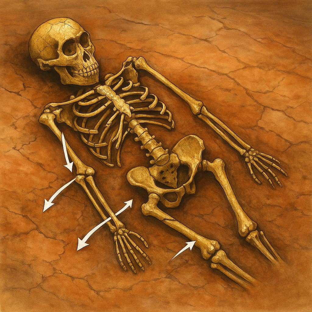 ルーシーの骨格をもとに死因研究を考察する科学的イラスト。古生物学の研究過程を示す（AI生成）