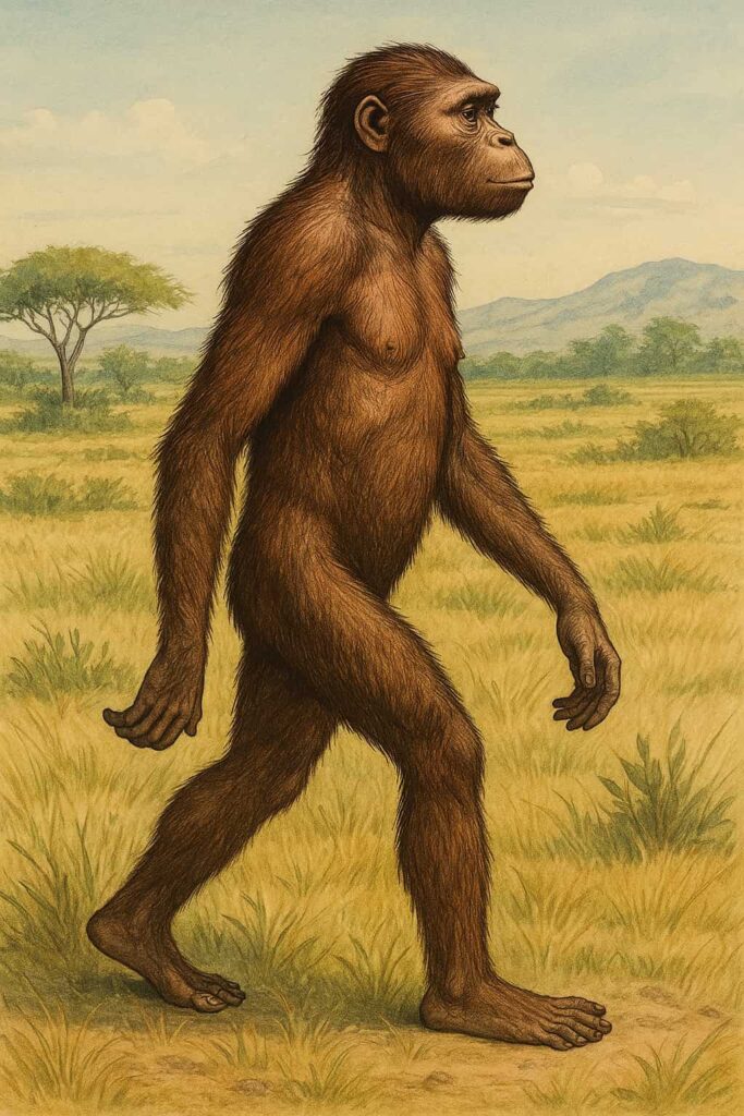 サバンナを歩くアウストラロピテクス・アファレンシスの復元イラスト。筋肉質な体と直立歩行の特徴を示し、進化の過程を象徴しています。