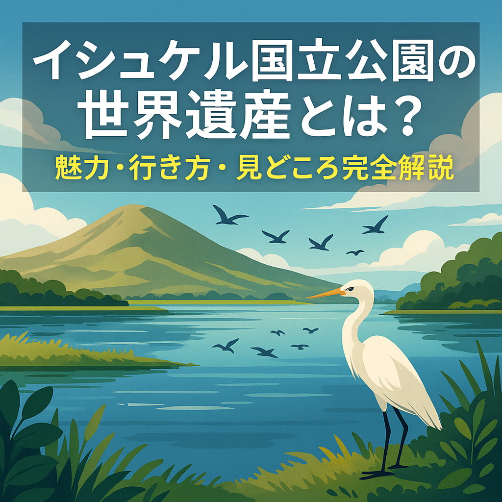 イシュケル国立公園の風景と世界遺産を紹介するガイドのタイトル入り画像