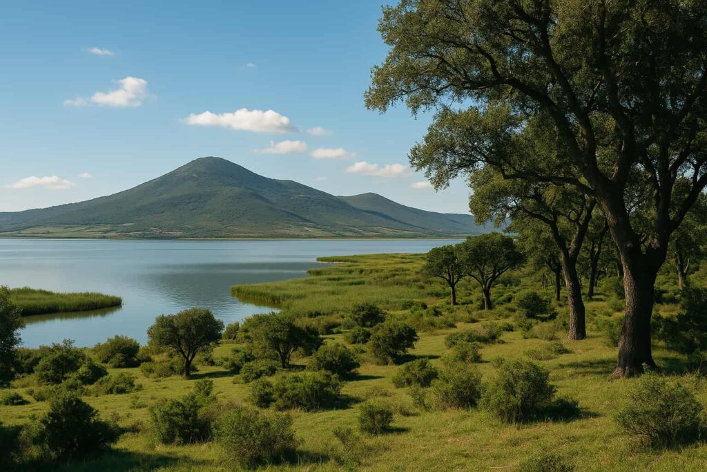 イシュケル国立公園の草原と湿地に佇む水鳥と山の風景を描いた自然保護エリアのイラスト