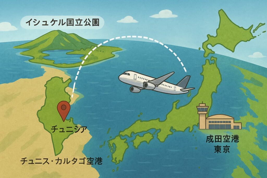 日本からチュニジアのイシュケル国立公園へのアクセスルートを示したイラスト地図
