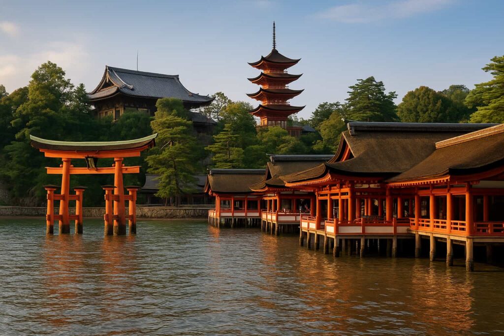 夕暮れの海に浮かぶ厳島神社の大鳥居を真正面から捉えた幻想的な風景
