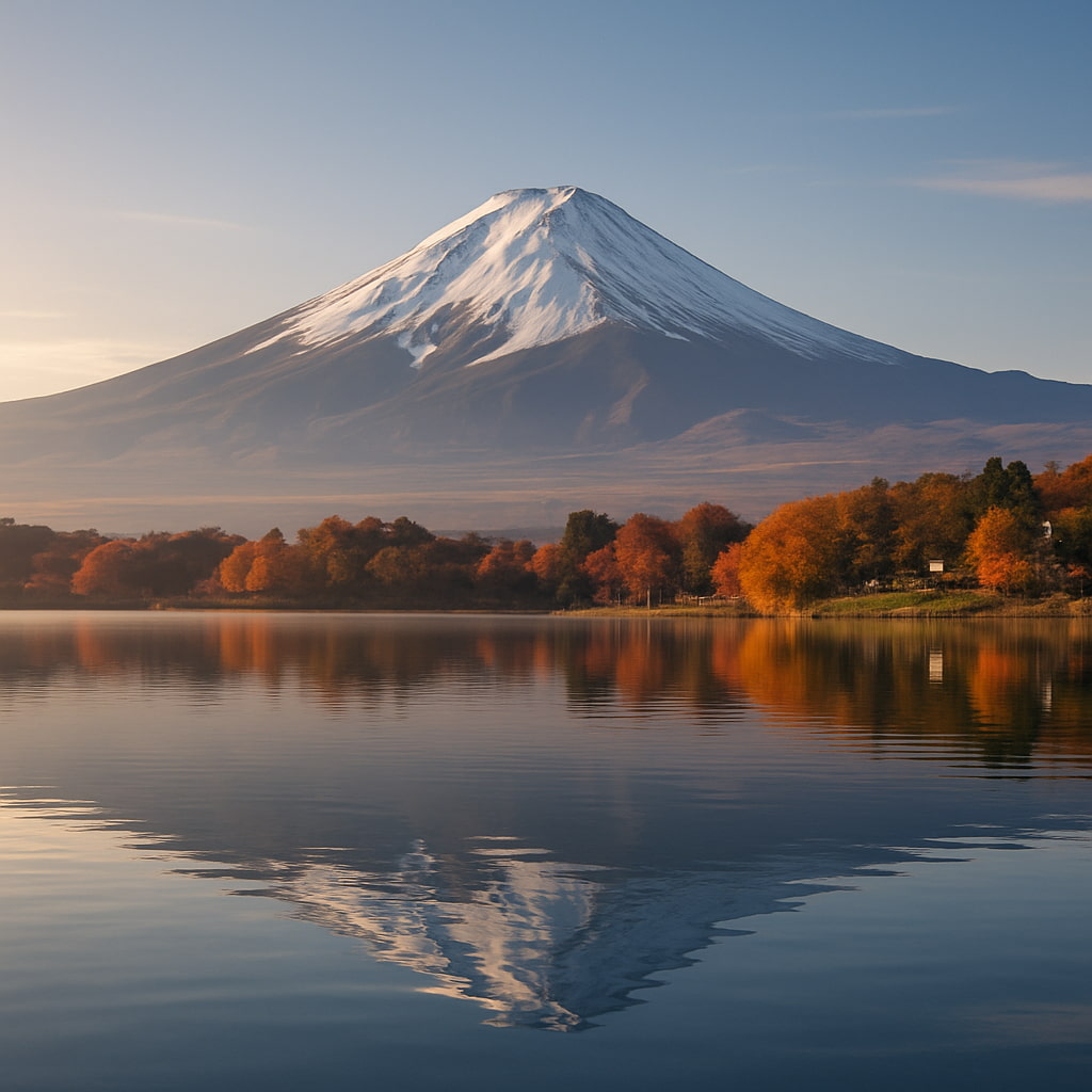 雪化粧した富士山が湖に映る、紅葉の季節の朝焼け風景を捉えた美しい写真