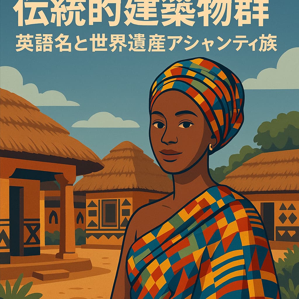 ガーナ・アシャンティの伝統的建築物と民族衣装をまとった女性を描いたイラスト。世界遺産と文化の象徴を表現したポスター風デザイン。