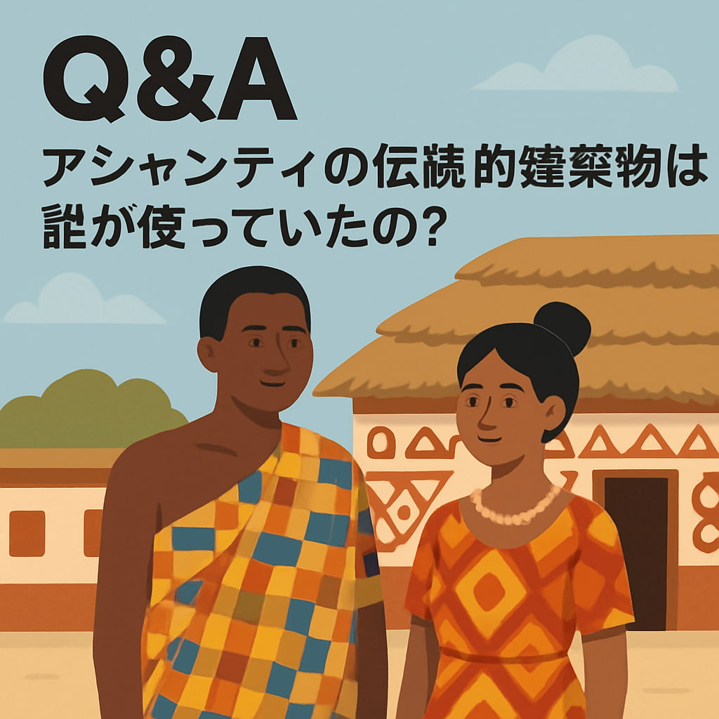 伝統的な模様の建物の前に立つアシャンティ族の男女を描いたイラスト