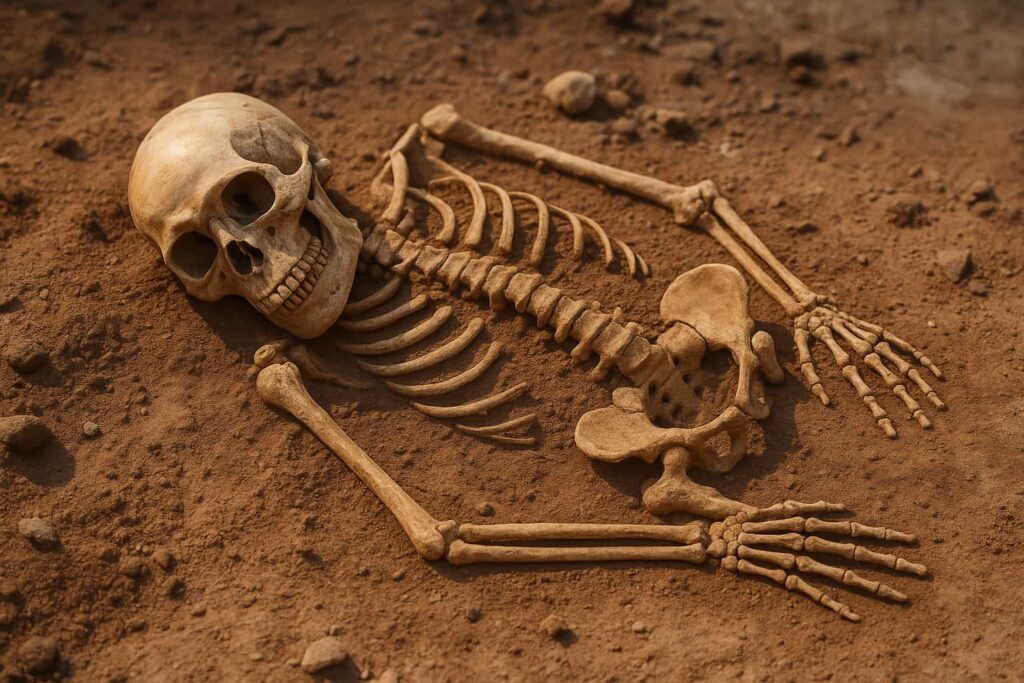 研究机に並べられた古代の頭蓋骨や人類化石を象徴的に表現したイメージ