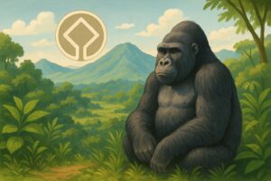 カフジ＝ビエガ国立公園のユネスコ世界遺産登録を象徴する自然とゴリラのイラスト（AI生成）