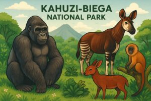 カフジ＝ビエガ国立公園で暮らすゴリラやオカピなど野生動物のイラスト（AI生成）