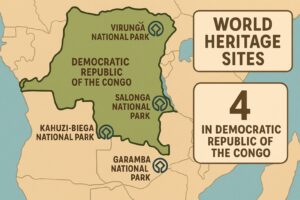 コンゴ民主共和国の世界遺産を示す地図と一覧イラスト（AI生成）