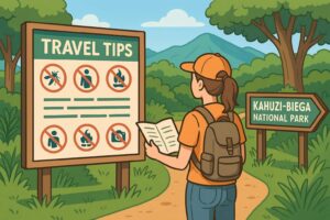 カフジ＝ビエガ国立公園を訪れる旅行者が注意点を確認しているイメージ（AI生成）