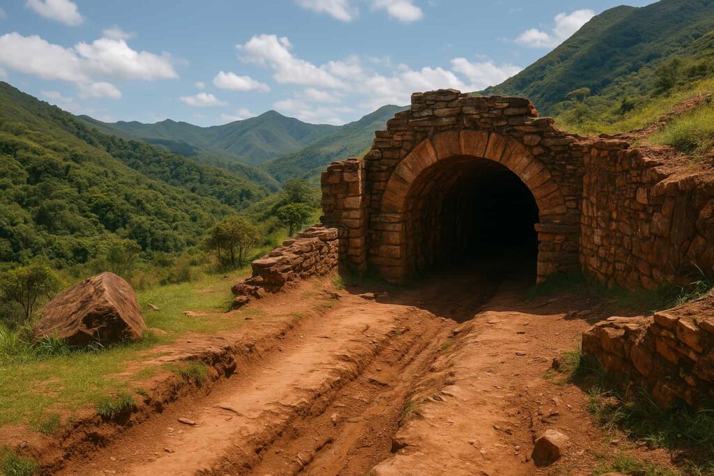ブラジルの山中に残る歴史的な金鉱坑道の風景
