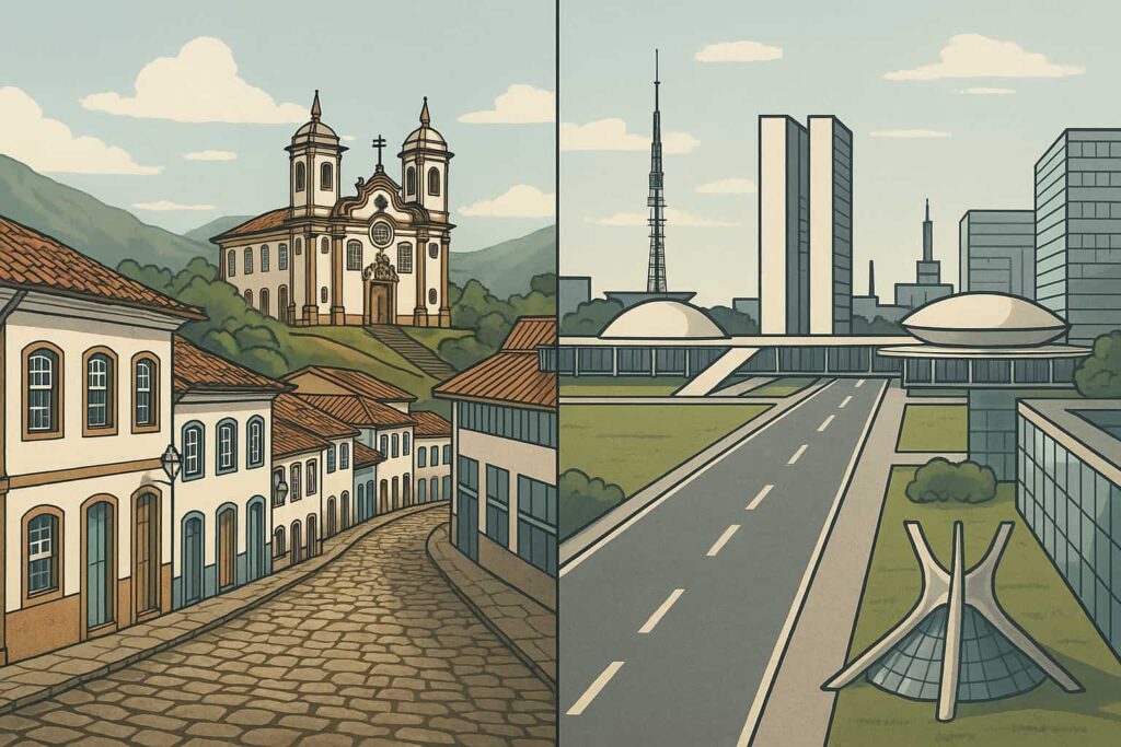 オウロ・プレトの歴史都市とブラジリアの近代都市を対比したイラスト