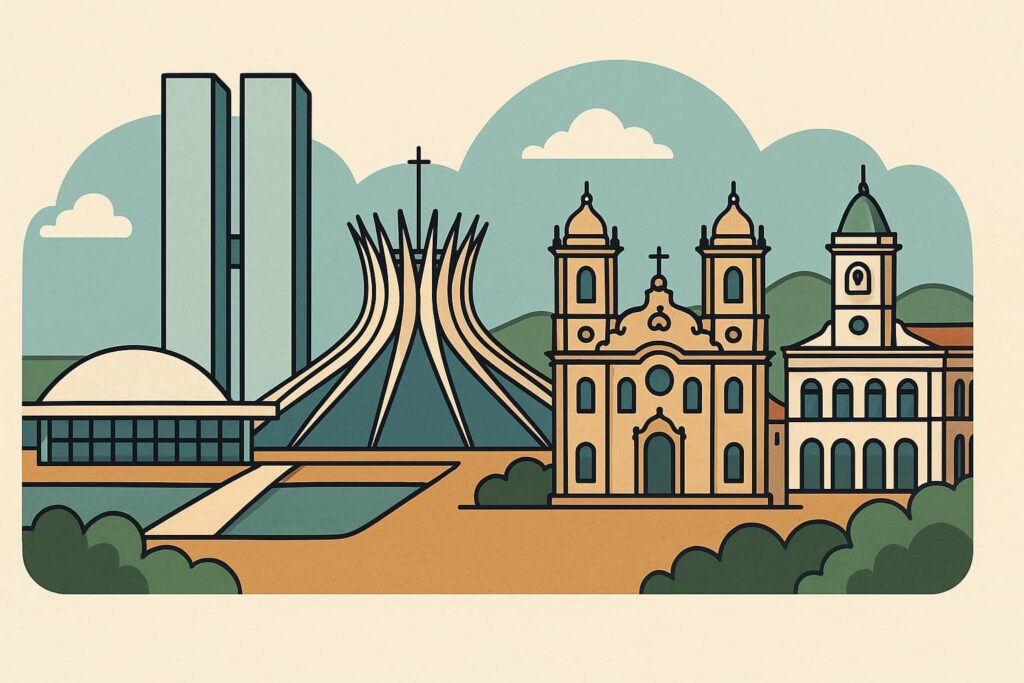ブラジルの首都ブラジリアの近代建築と歴史的遺産を対比したイラスト